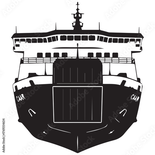 Front view of a large ferry boat with multiple decks