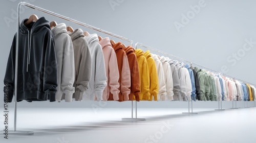 A diverse collection of hooded sweatshirts hanging neatly on a clothing rack, each showcasing a unique color