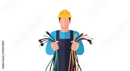 Talented electrician holding network cables ready for connection and install in modern building, ensuring optimal internet access solutions