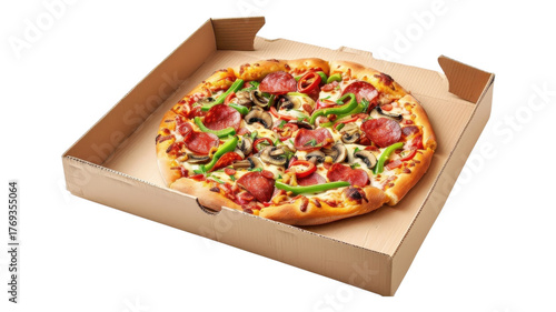 A fresh pizza inside cardboard box now on transparent background