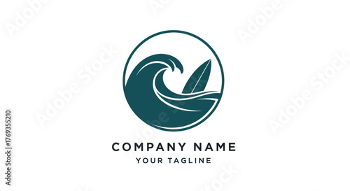 Minimalist Surf Logo Design Featuring a Wave and Surfboard in a Circle.