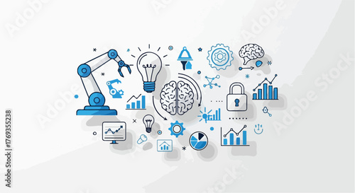 A comprehensive illustration of artificial intelligence, robotics, data analysis, and technological innovation concepts.