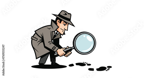 Investigator following footprints with magnifying glass - solving mysteries, detective work, and analytical exploration with a classic cartoon style
