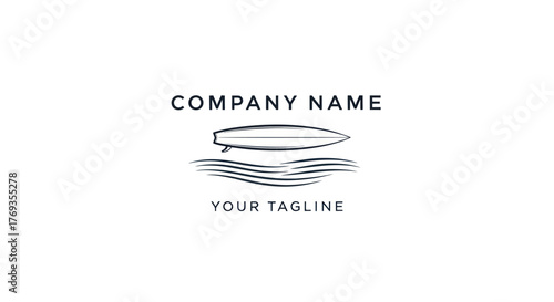 Surfboard logo design with company name and tagline for branding.