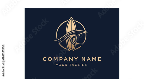 Elegant logo featuring a surfboard encircled by a stylized wave, perfect for a surf company.