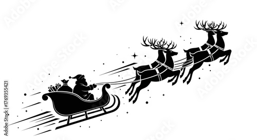 Silhouette of santa claus in his sleigh pulled by reindeer flying through the night sky with stars and motion lines