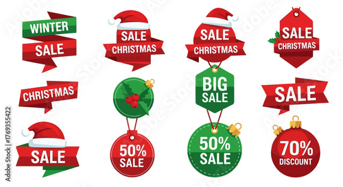 Collection of christmas sale tags and labels with santa hats, ribbons, and discount percentages