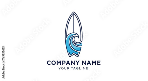 Surfboard with Blue Wave Logo Design for Company Branding.