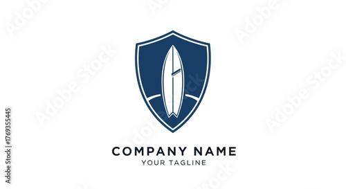 Blue shield logo with a surfboard icon for a surf company.