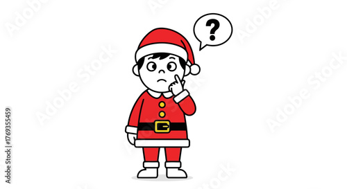 A confused child dressed as santa claus with a question mark in a speech bubble