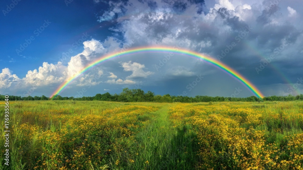Fototapeta premium A vibrant rainbow arching gracefully over a picturesque landscape after a rain shower. A field of greenery and wildflowers leading towards the colorful arc, set against a dramatic sky