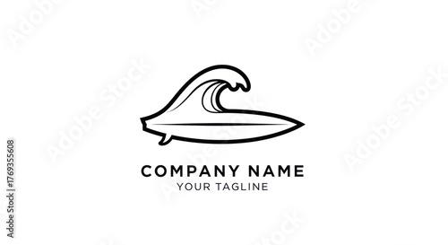 Surfboard and wave logo design for surfing company branding.