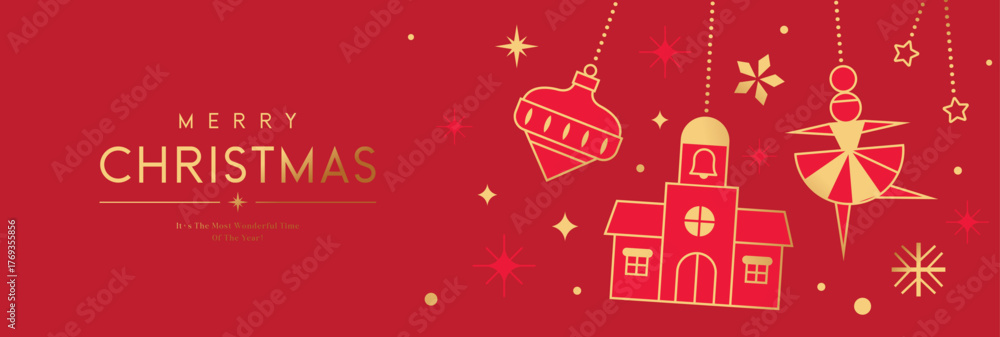 Fototapeta premium Luxury Christmas vector illustration with golden outline Christmas elements on red background. Season's greeting design for banner, poster, cover, greeting card.