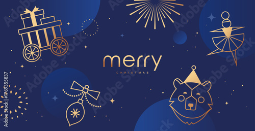 Luxury Christmas vector illustration with golden Christmas elements on blue background. Season's greeting design for banner, poster, cover, greeting card.

