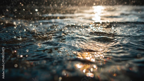 Abstract shot of sparkling water with sunlight reflections and bubbles. The scene evokes a sense of calm and natural beauty