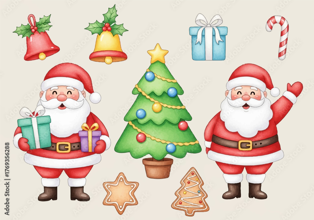 Fototapeta premium Watercolor Illustrations of Festive Santa Claus with Gifts, Ornaments, and Christmas Tree