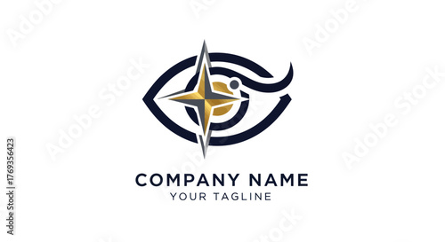Elegant eye logo design with a golden four-pointed star pupil for guidance and vision.