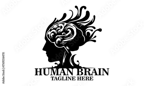 silhouette vector of a human brain merging with flowing abstract water waves, deep thinker vector illustration and deep thinker logo