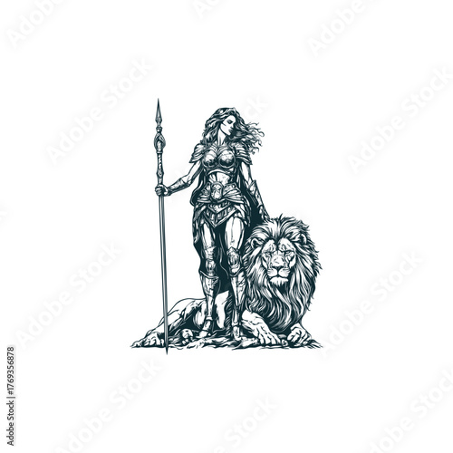 Vintage engraving style illustration of a majestic female warrior, fully armored and holding a decorative spear, standing confidently beside a calmly resting, powerful lion