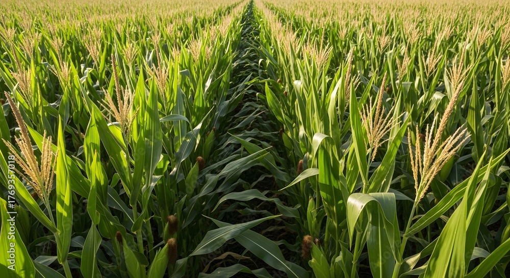 Obraz premium Drone view of a large corn plantation, corn neatly arranged with a background of large corn.