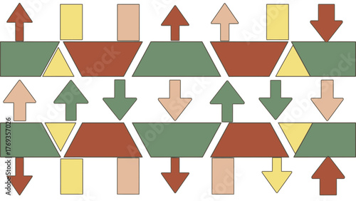 Abstract geometric pattern with repeating shapes and arrows indicating opposing directional flows.