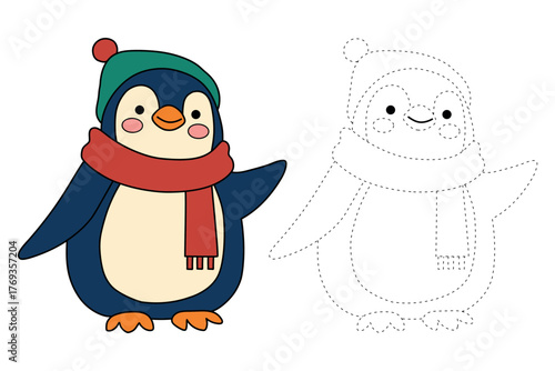 Cute penguin wear scarf trace and coloring pages for kids printable vector
