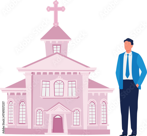 Boy is pointing roman catholic church.