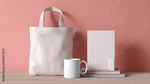 A mock up of a tote bag, cup and stationary set arranged neatly on a wooden surface with a pink backdrop. Perfect for displaying product designs