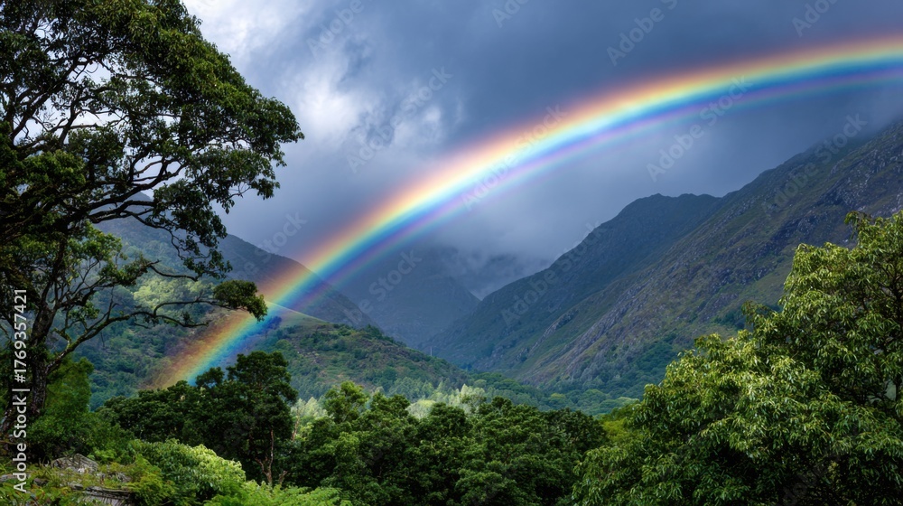 Naklejka premium A vibrant rainbow arches gracefully over a scenic landscape of lush green trees, majestic mountains, and a moody sky. The stunning vista captures the beauty and tranquility of nature after a storm