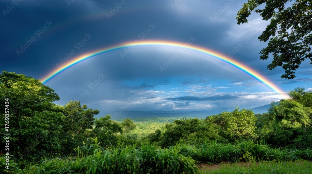 Naklejka premium A beautiful rainbow arches across a vibrant sky, creating a breathtaking vista of hope and wonder