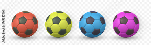 Colorful Soccer Balls Set With Realistic Shadows On Transparent Background. Bright Football Design For Sport, Game, And Kids Concept. Vector Illustration