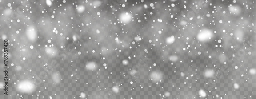Falling Snow On Transparent Background With Soft Blur And Light Effect. Winter Frosty Scene For Christmas, Holiday, And Weather Design. Vector Illustration