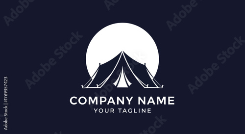 Minimalist Camping Tent Logo Design with Full Moon Silhouette.