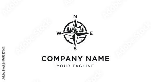 Vintage Compass Rose with Pine Trees and Mountains Adventure Logo Design.