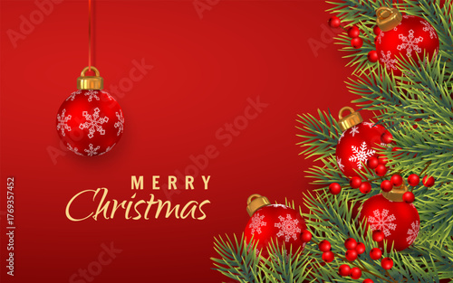 Merry Christmas Background With Red Baubles, Green Pine Branches, And Festive Berries On Elegant Red Backdrop. Holiday Greeting Card Design For Winter Celebration. Vector Illustration
