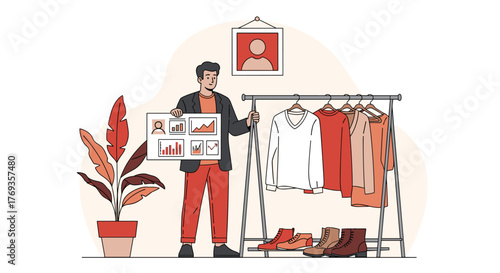 Fashion designer analyzing sales data for new collection in studio, preparing marketing strategy for seasonal trends, entrepreneurship, style