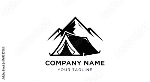 Mountain and tent silhouette logo for an outdoor adventure company.