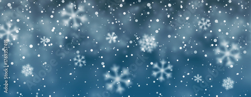 Beautiful Winter Snowfall Background With Soft Snowflakes On Blue Sky. Festive Christmas And Holiday Season Design. Vector Illustration