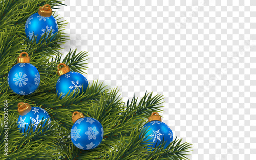 Christmas Background With Blue Ornaments And Green Pine Branches On Transparent Space, Elegant Winter Holiday Decoration Design For Greeting Card Or Banner. Vector Illustration