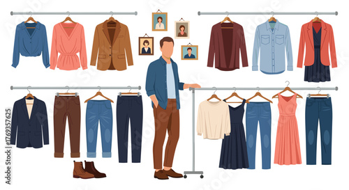 Fashion designer organizing elegant clothing collection for modern wardrobe, stylish apparel display in showroom for personal stylist consultation