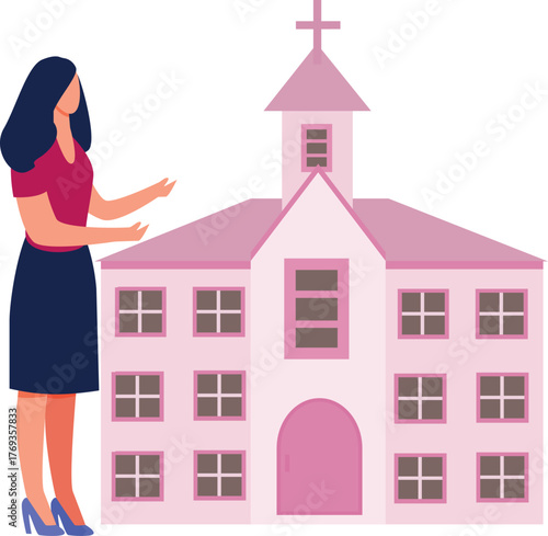 Girl is showing cathedral exterior