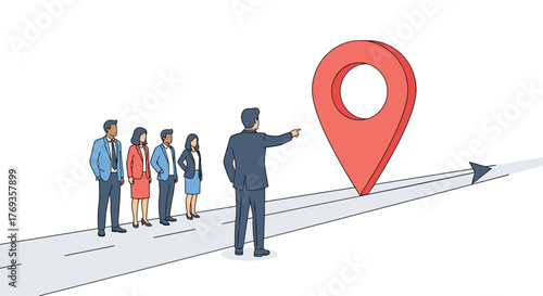Dynamic team following leader towards business goal, strategic direction, future success, navigation, location pin, route to success