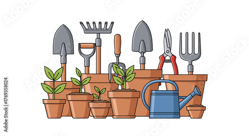 Start urban garden with this delightful collection of hand tools and sprouting plants for healthy living and spring time growth projects