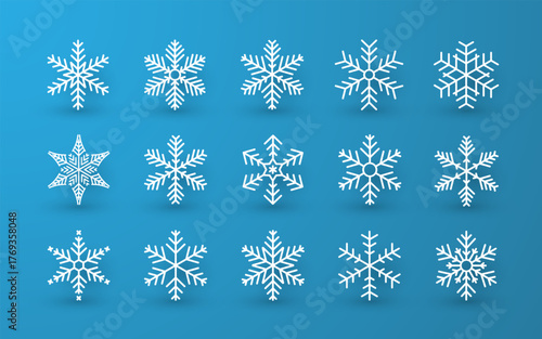 Snowflake Icons Set On Blue Background. Elegant Winter And Christmas Design Elements Perfect For Holiday Decoration, Greeting Cards, And Seasonal Graphics. Vector Illustration