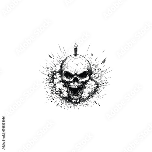 Aggressive human skull illustration with an open, snarling jaw, surrounded by a dramatic, radial explosion or grunge burst effect.