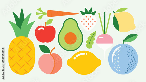 Assortment of Fresh Fruits and Vegetables in a Flat Design Style.
