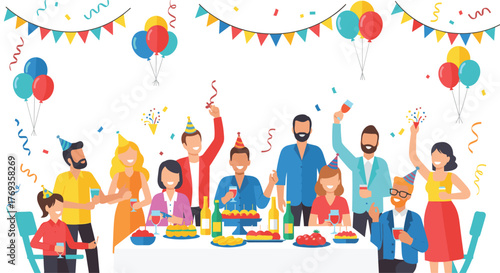 Joyful celebration with friends at birthday party filled with colorful balloons, cake, and confetti creating an atmosphere of happiness