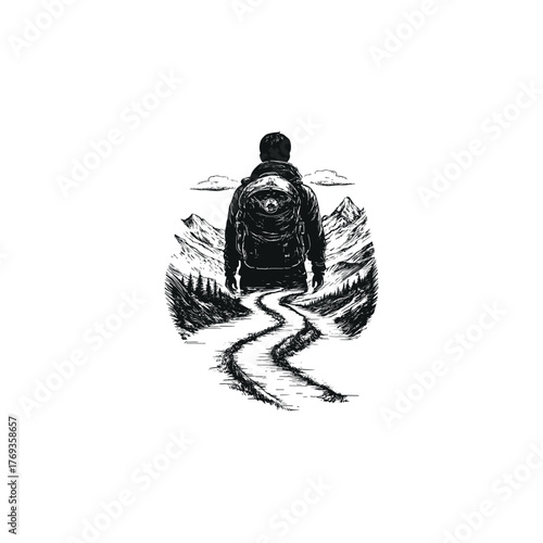 Vintage engraving style illustration of a solo male backpacker viewed from behind, standing on a winding dirt path that leads into a mountain and forest landscape