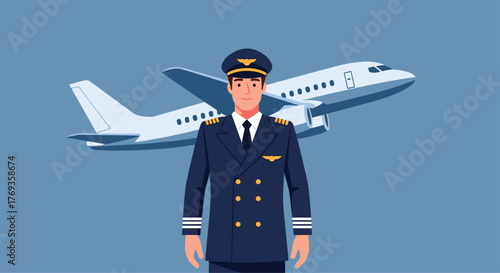 Airline pilot ready for takeoff with jet airliner in background offering safe travels for business or leisure flights
