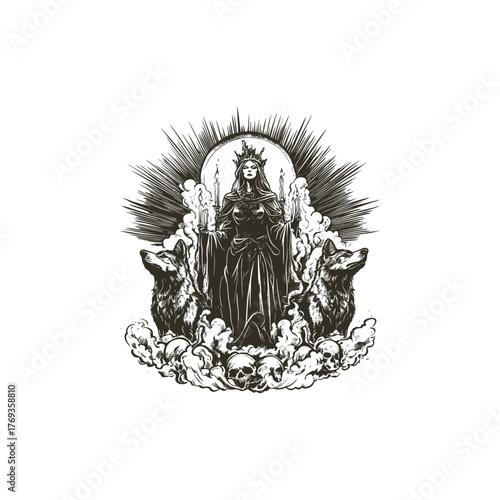 Dark gothic engraving illustration of a mysterious crowned queen or sorceress holding burning candles, flanked by two howling wolves, standing over a pile of human skulls amidst smoke